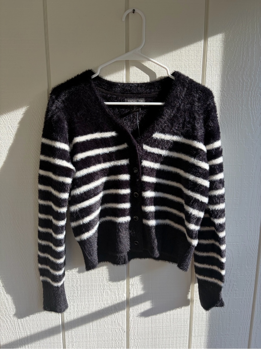 Rachel Zoe Black and White Striped Fuzzy Button-Front Cardigan